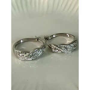 Crystal Studded Pave Silver Tone Braided Hoop Earrings
